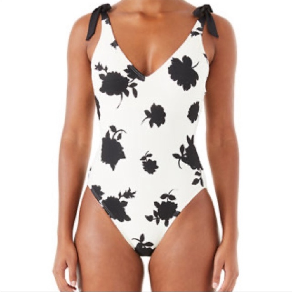 NWT Kate Spade ♠️ Swimsuit Bicolor Floral Ivory/Black w/ Tie Shoulders Small